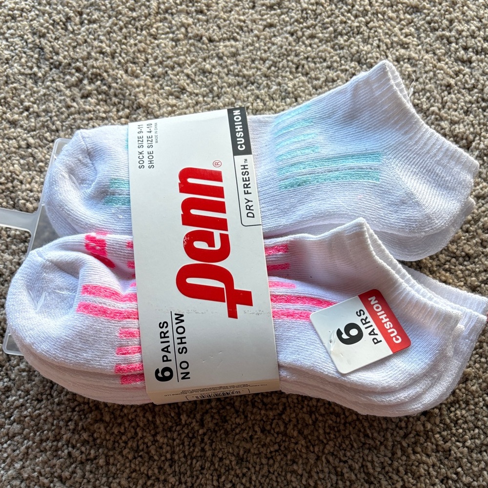 Women’s White No-Show Cushion Socks - 6 Pack (Pink & Teal Accents)